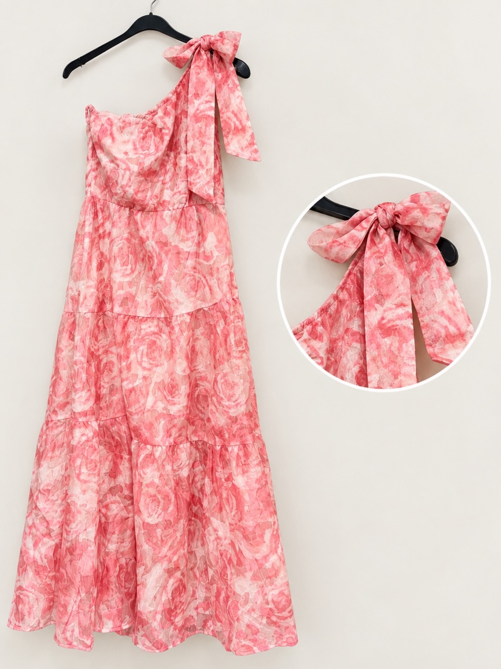 Asymmetrical One-Shoulder Pink Floral Tie Maxi Dress
